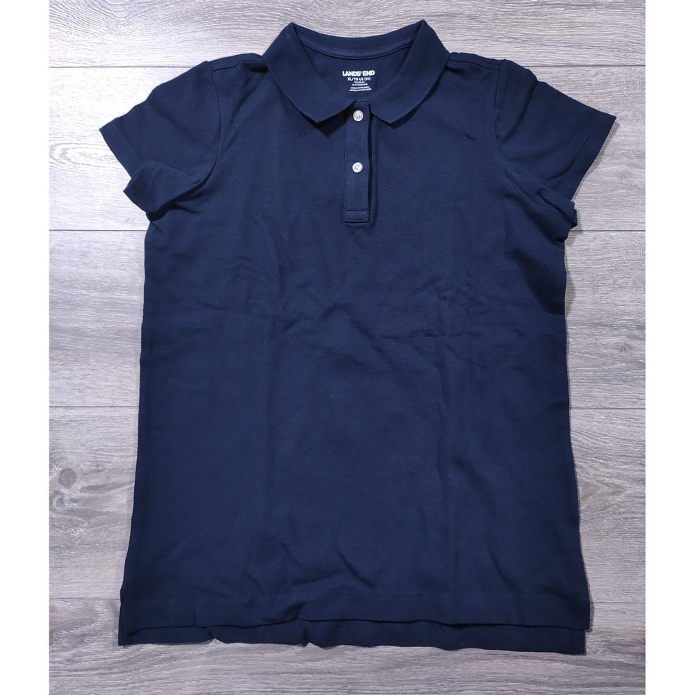 Lands End Girls XL 16 Blue Mesh Short Sleeve School Uniform Polo Shirt